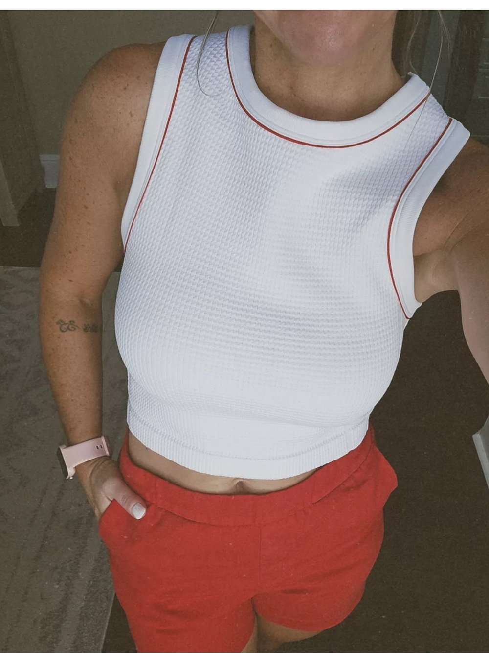 all in motion White Cropped Tank with Red Piping